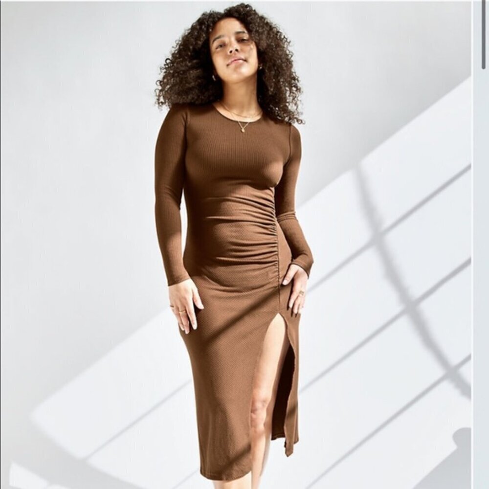 Aritzia Wilfred Amelia Long Sleeve Ribbed Jersey Dress Brown Size Large